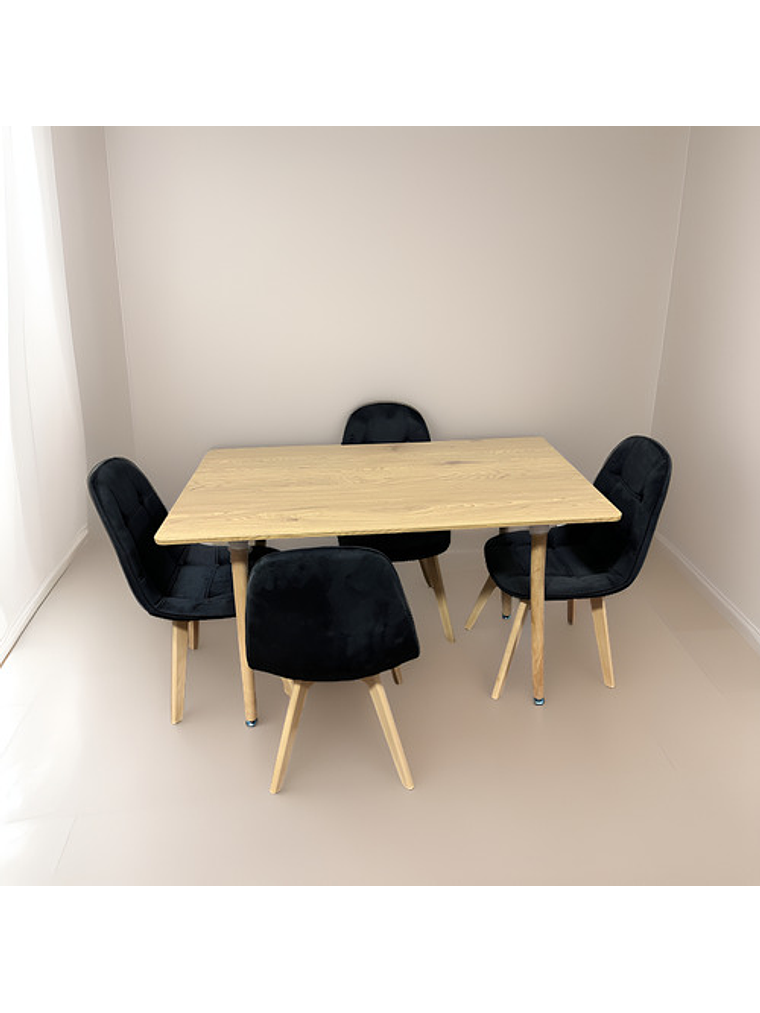 Comedor Con 4 Sillas Capitone Negras + Mesa Nordic Madera  120x70 3