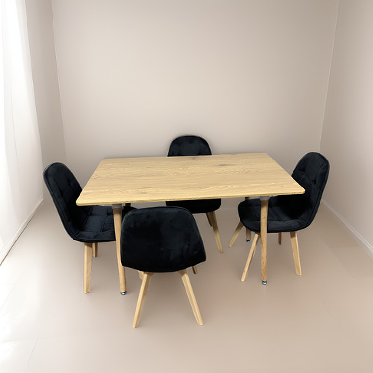 Comedor Con 4 Sillas Capitone Negras + Mesa Nordic Madera  120x70 3