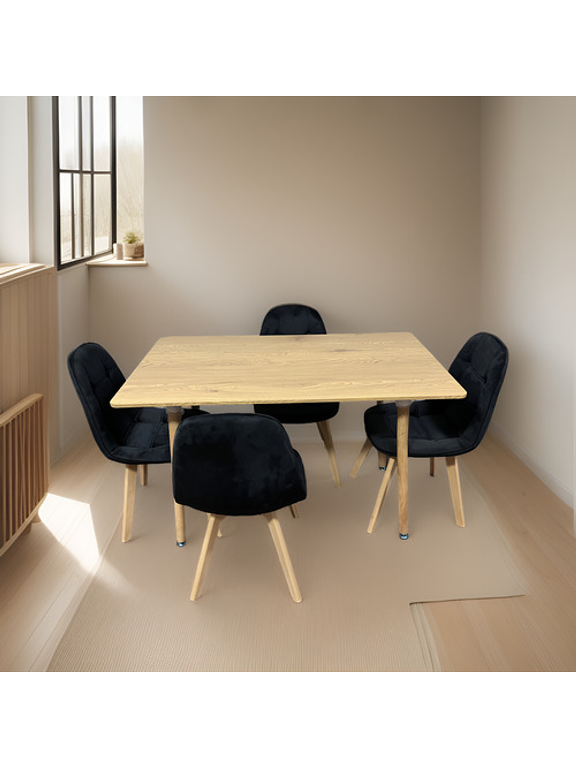 Comedor Con 4 Sillas Capitone Negras + Mesa Nordic Madera  120x70 4