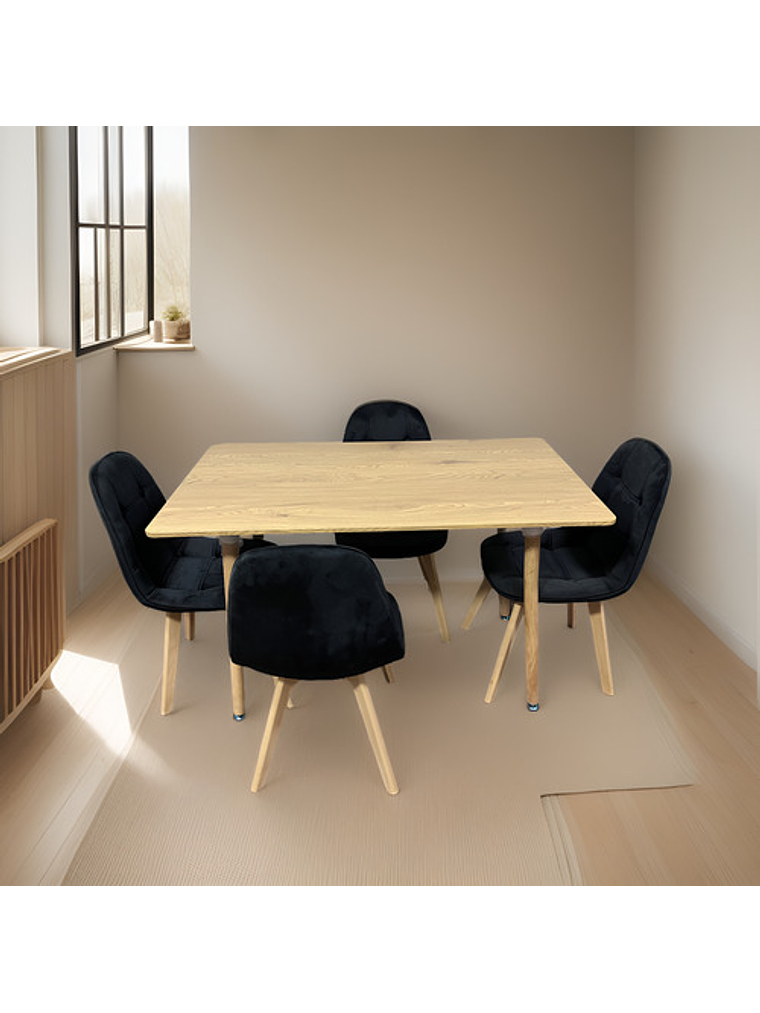 Comedor Con 4 Sillas Capitone Negras + Mesa Nordic Madera  120x70 4