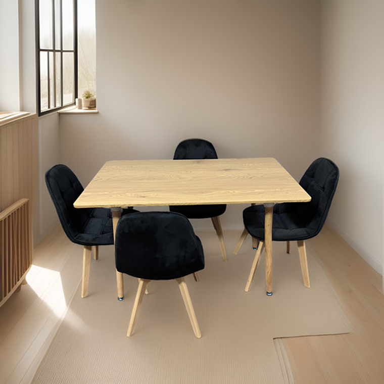 Comedor Con 4 Sillas Capitone Negras + Mesa Nordic Madera  120x70 4