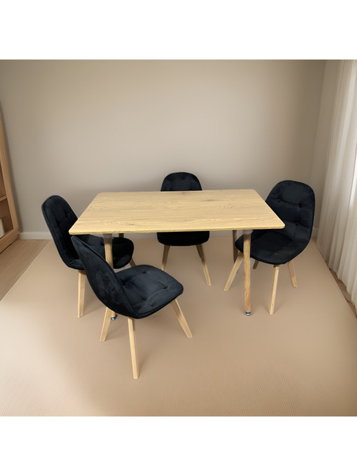 Comedor Con 4 Sillas Capitone Negras + Mesa Nordic Madera  120x70 5