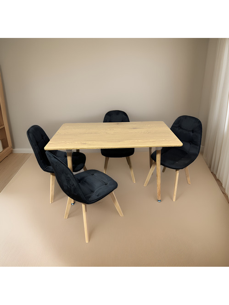 Comedor Con 4 Sillas Capitone Negras + Mesa Nordic Madera  120x70 5