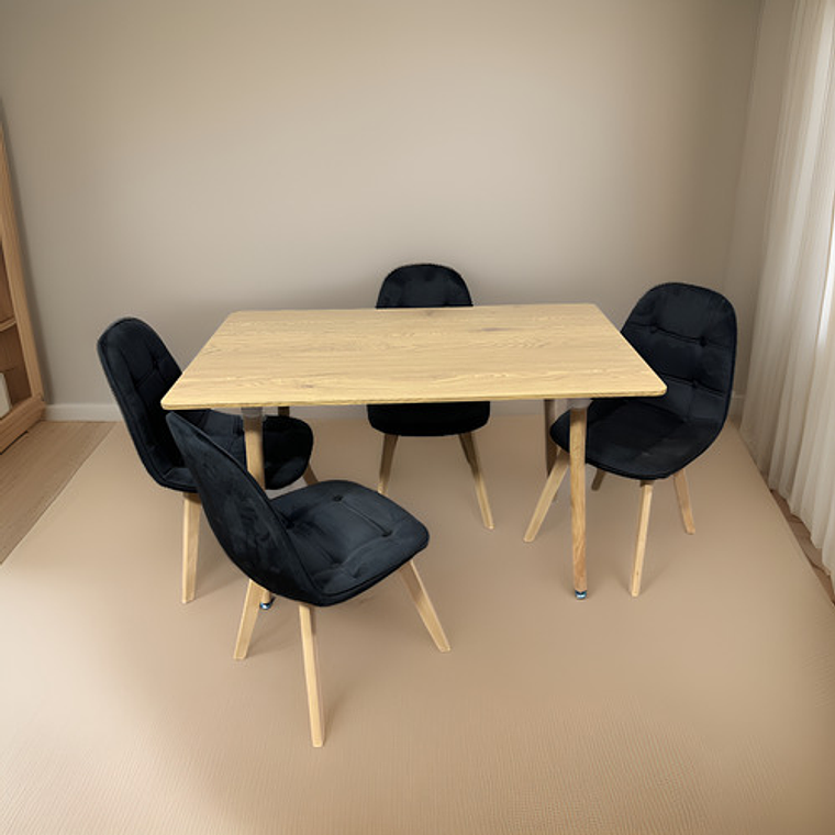 Comedor Con 4 Sillas Capitone Negras + Mesa Nordic Madera  120x70 5