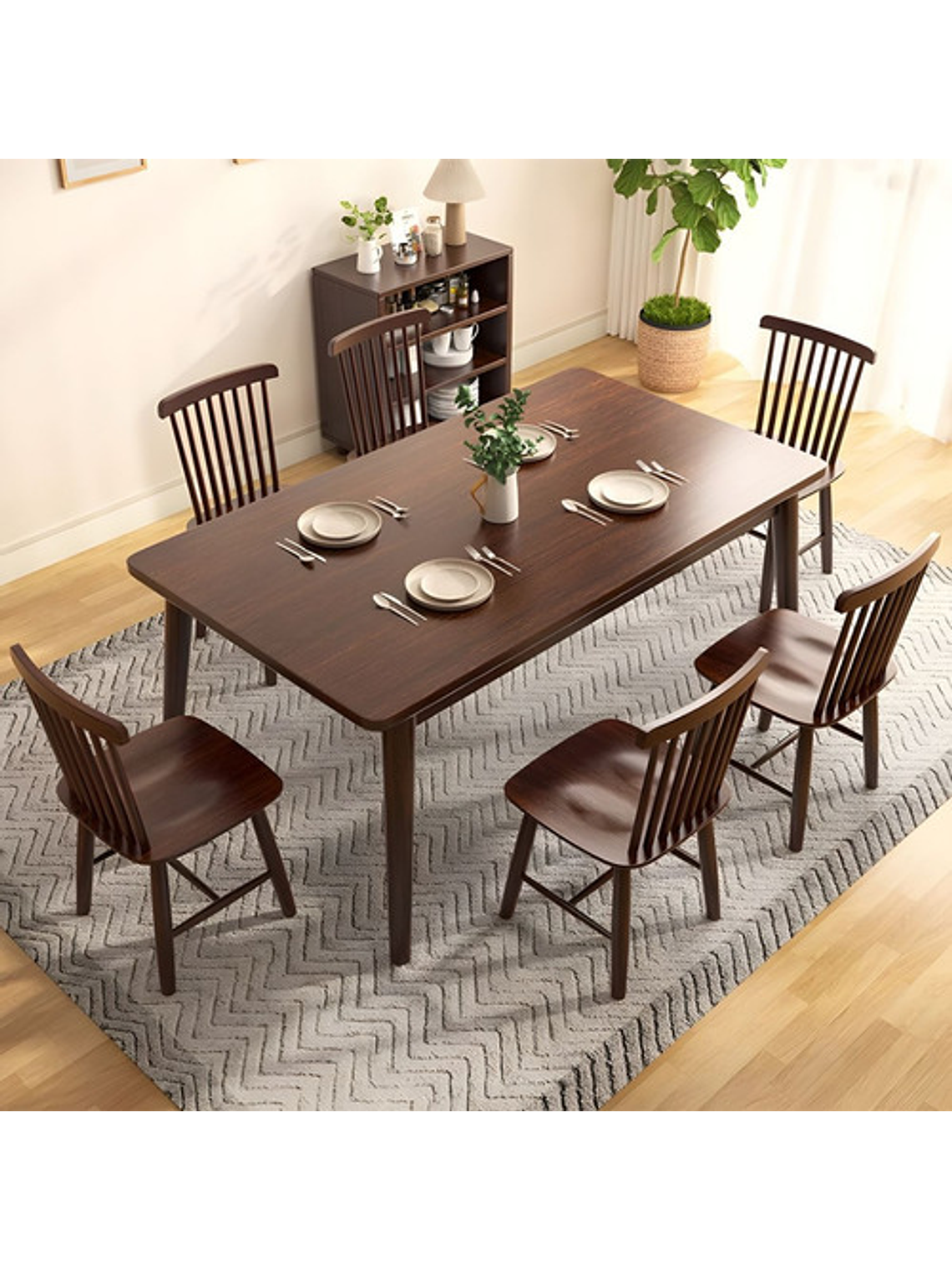 Mesa Con 6 Sillas Windsor Madera Nogal 120x70 4