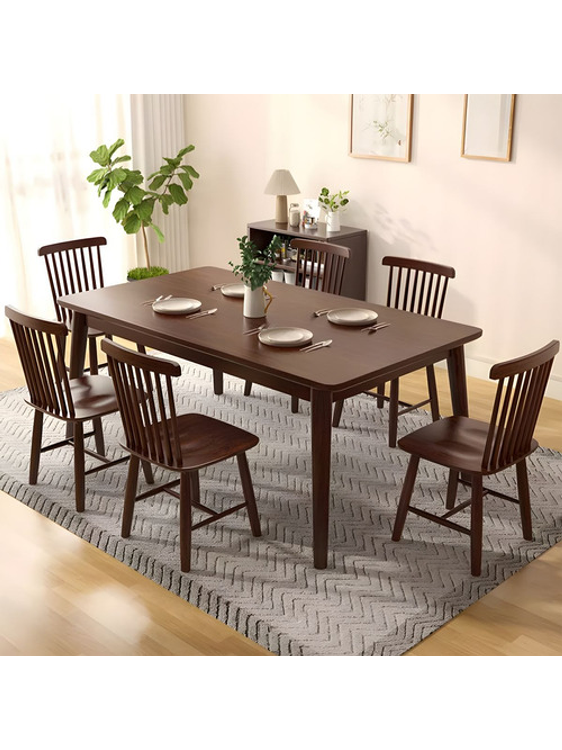 Mesa Con 6 Sillas Windsor Madera Nogal 120x70 5