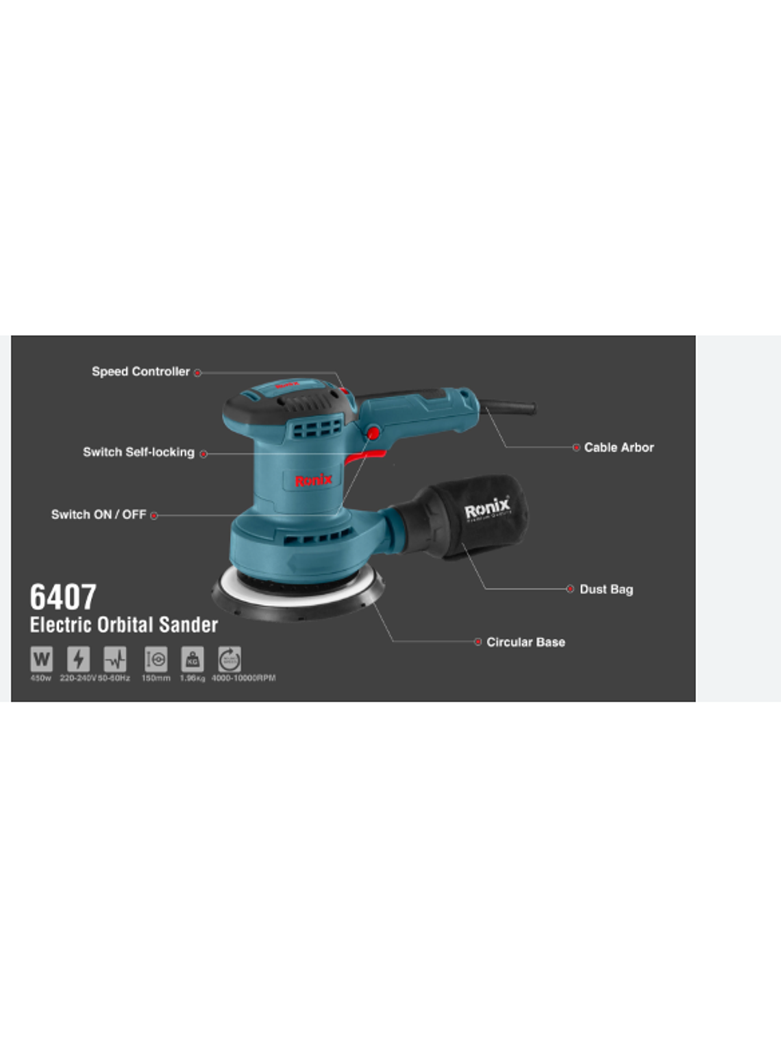 Lijadora Orbital Ronix 6407  150mm 450 Watt 3