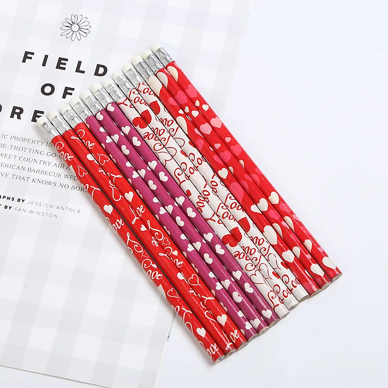 12 PCS Valentine's Day Love Pink Pencil With Eraser Pencil Sharpener Student Writing Stationery Pencil For Gifts 12