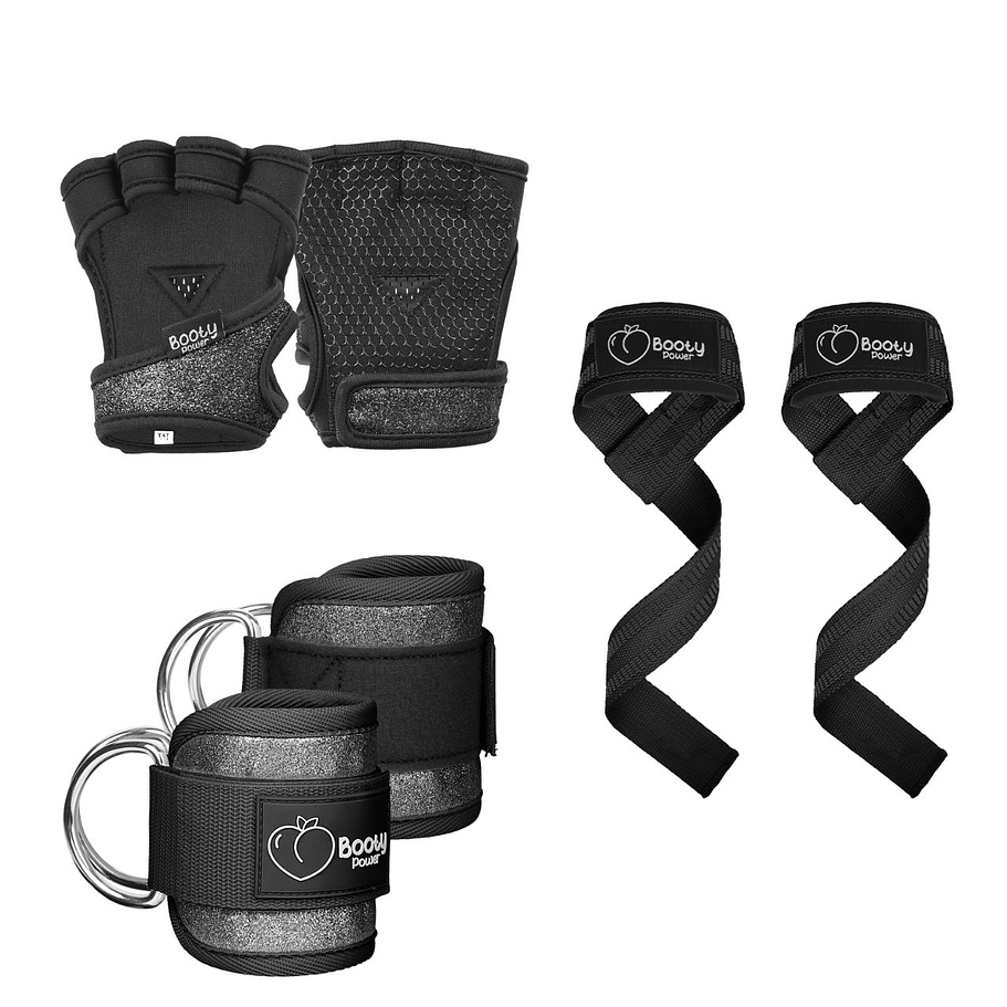 Pack Esencial GlitterFit │Guantes, Tobilleras y Straps Glitter Negro  1