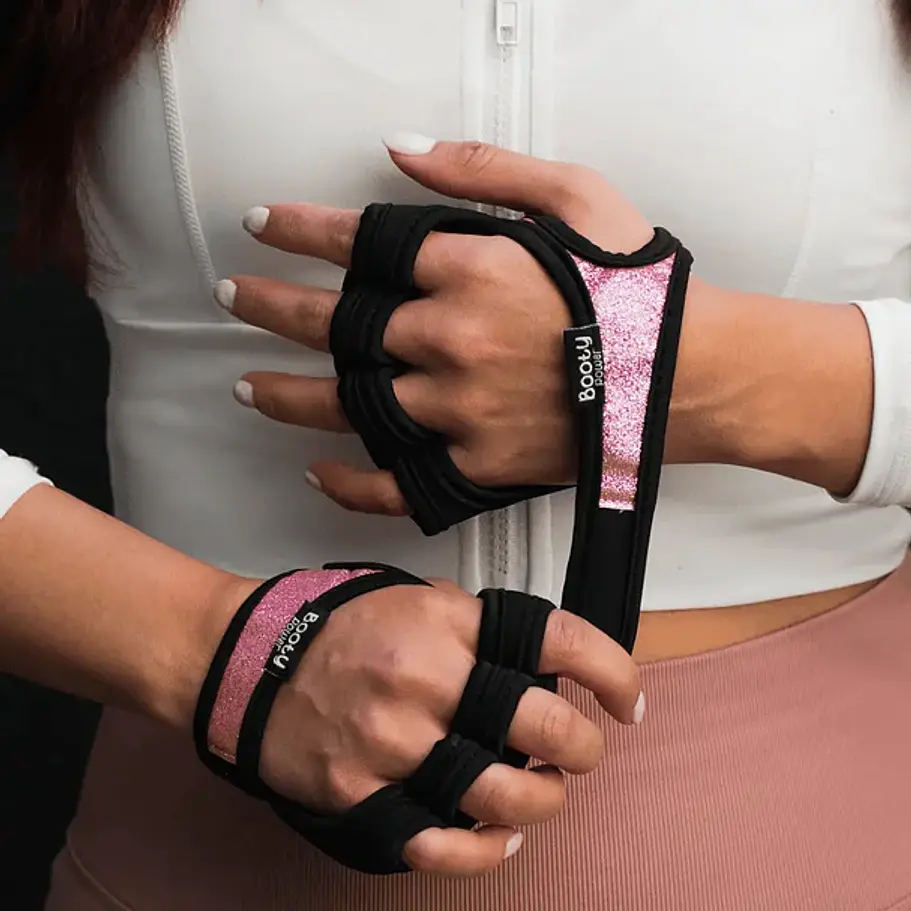 Pack Esenciales  Gym │ Almohadilla, Guantes, Tobilleras y Straps Glitter Rosa  6