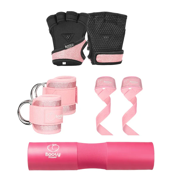 Pack Esenciales  Gym │ Almohadilla, Guantes, Tobilleras y Straps Glitter Rosa  1