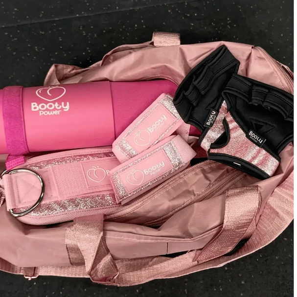Pack Esenciales  Gym │ Almohadilla, Guantes, Tobilleras y Straps Glitter Rosa  7
