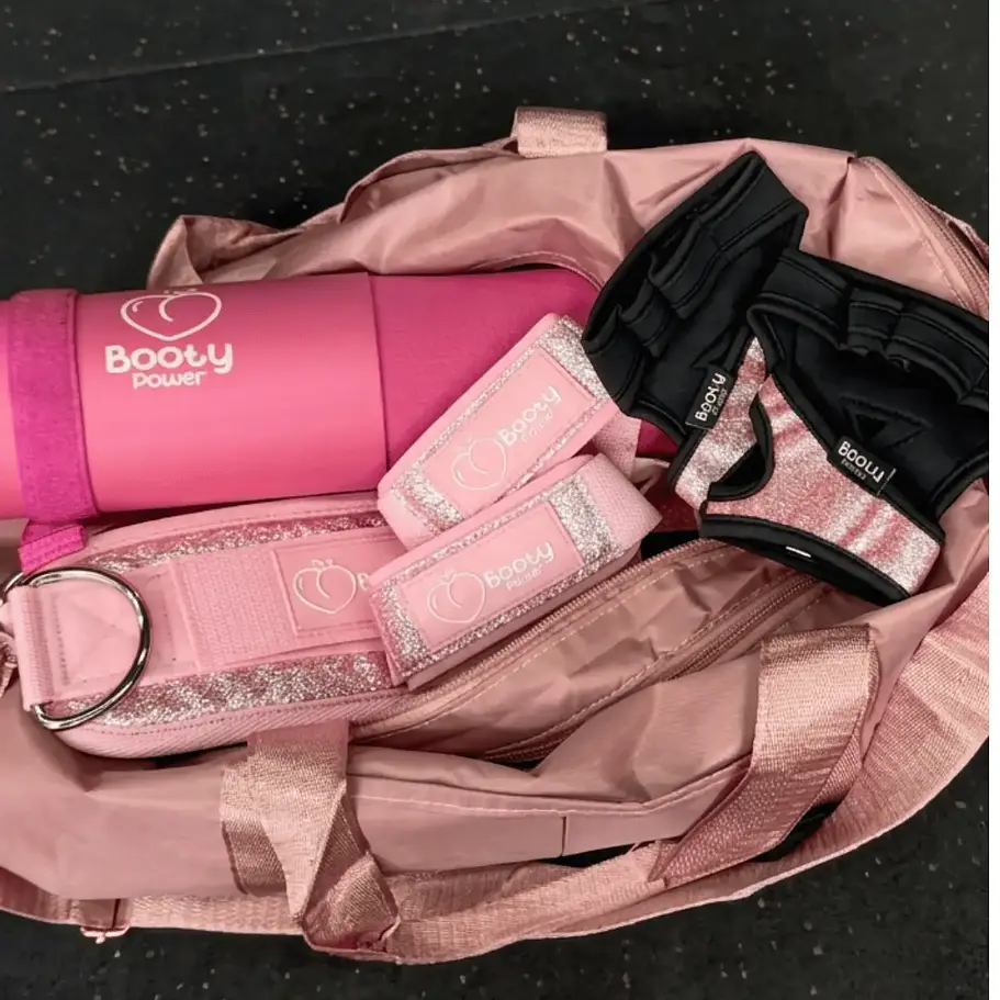 Pack Esenciales  Gym │ Almohadilla, Guantes, Tobilleras y Straps Glitter Rosa  7