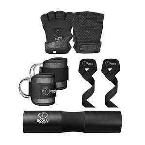 Pack Esenciales Gym│ Almohadilla, Guantes, Tobilleras y Straps Glitter Negro 