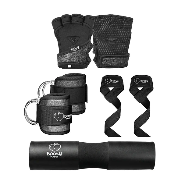 Pack Esenciales Gym│ Almohadilla, Guantes, Tobilleras y Straps Glitter Negro  1