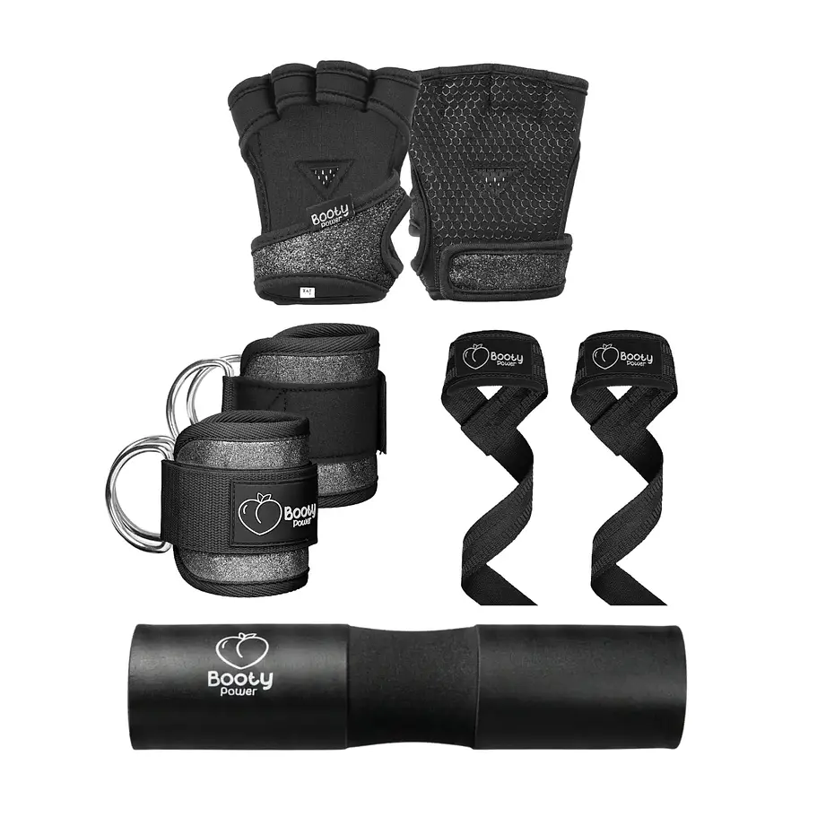 Pack Esenciales Gym│ Almohadilla, Guantes, Tobilleras y Straps Glitter Negro  1