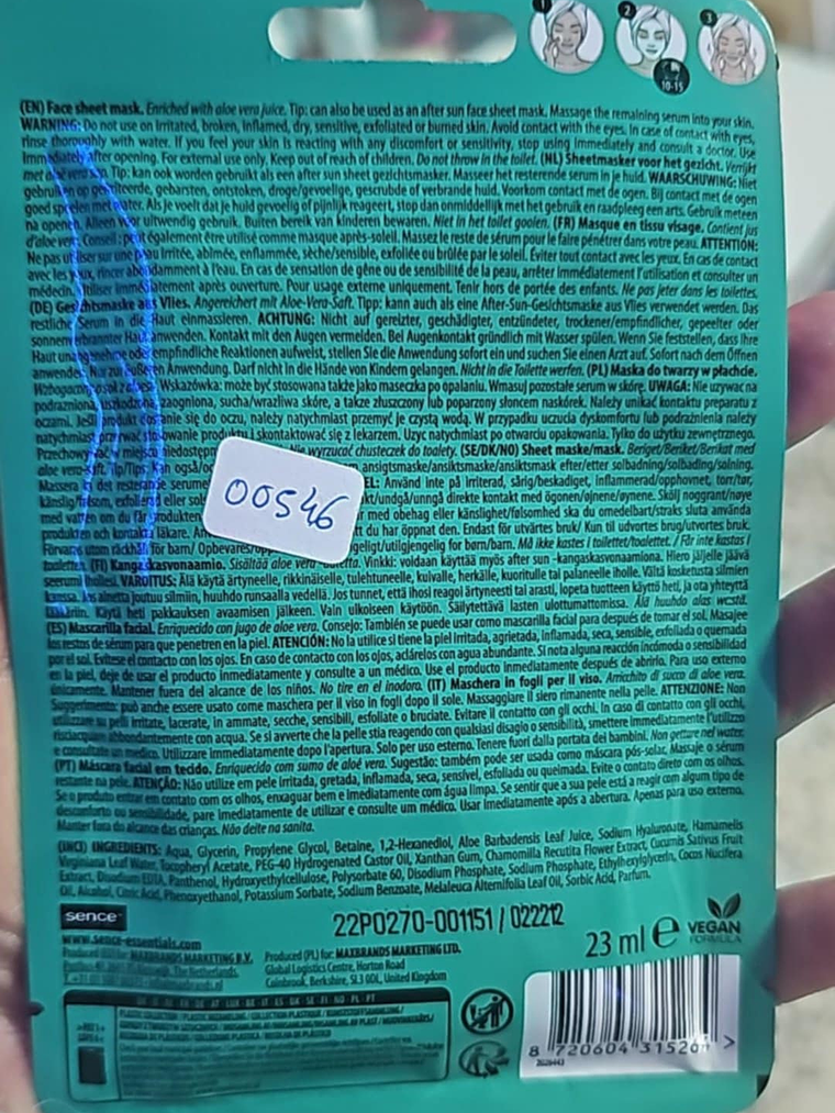 Máscara Facial em Tecido Sence com Aloe Vera – Hidratação e Suavidade para a Pele 2