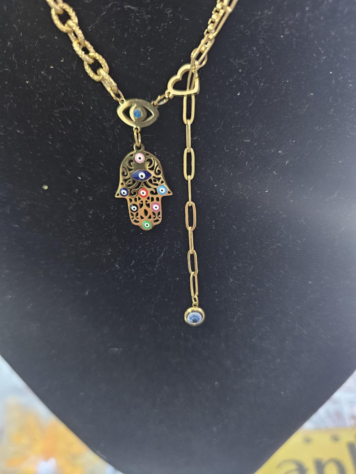 Colar Corrente Assimétrica com Pingente Mão de Fátima e Olho Grego 2