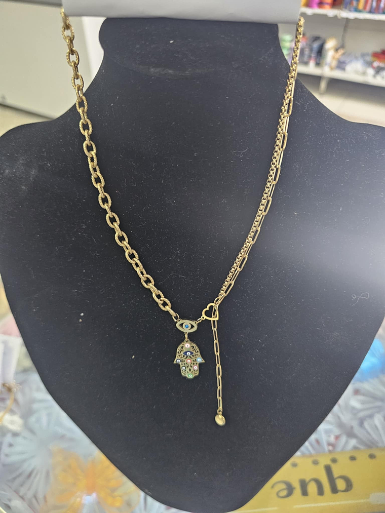 Colar Corrente Assimétrica com Pingente Mão de Fátima e Olho Grego 4