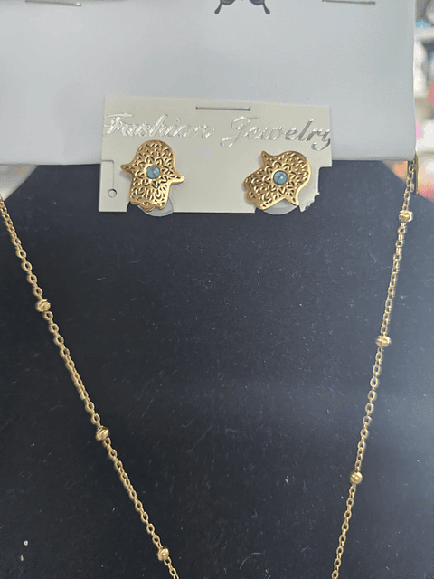 : Conjunto Dourado Hamsá – Colar e Brincos de Proteção