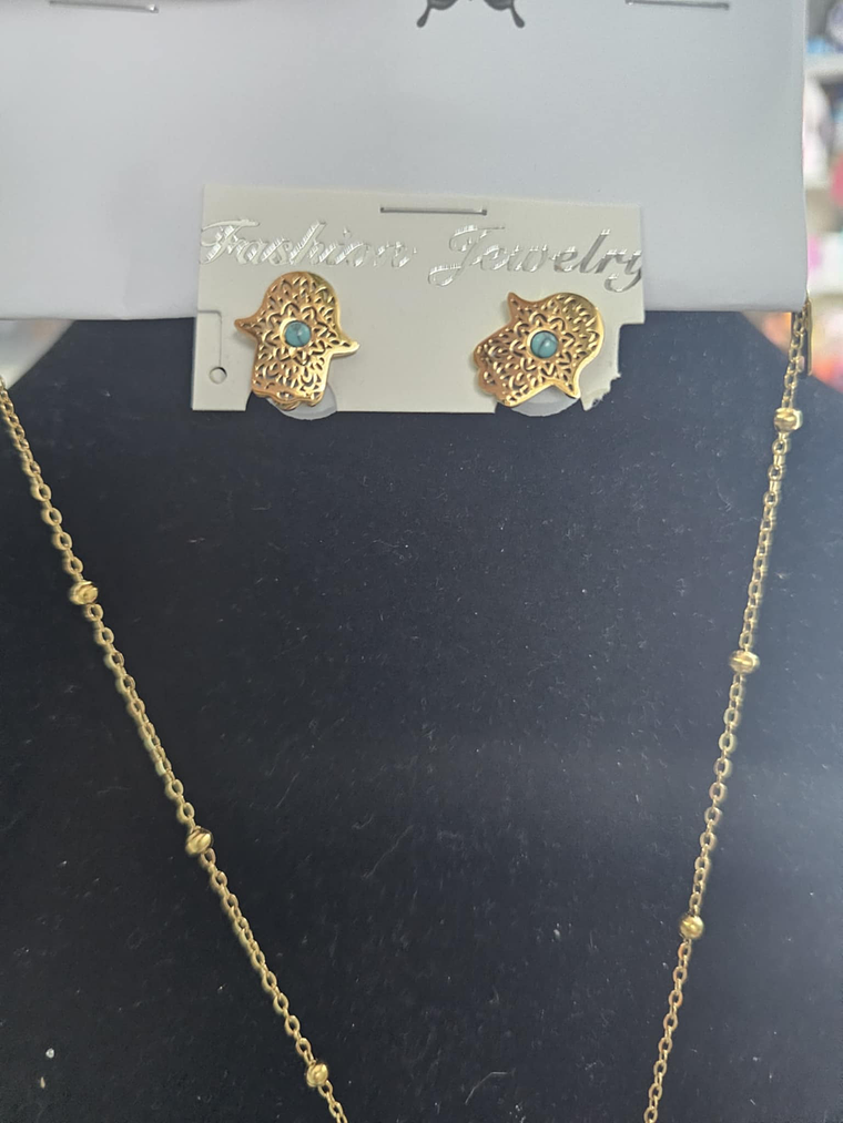 : Conjunto Dourado Hamsá – Colar e Brincos de Proteção 1
