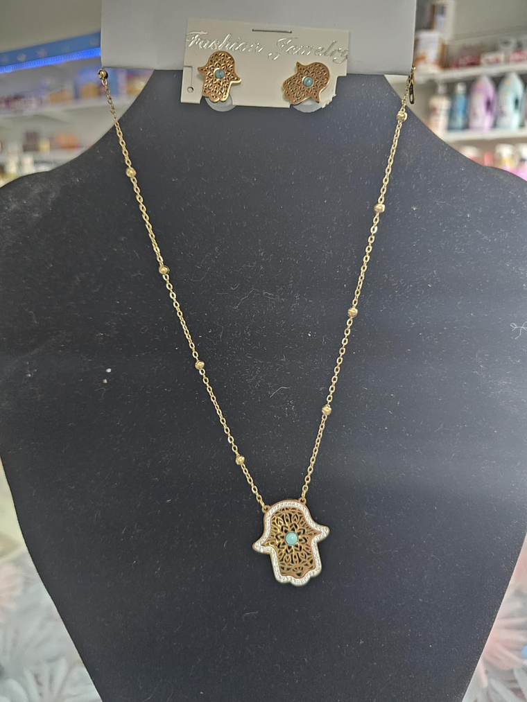 : Conjunto Dourado Hamsá – Colar e Brincos de Proteção 3