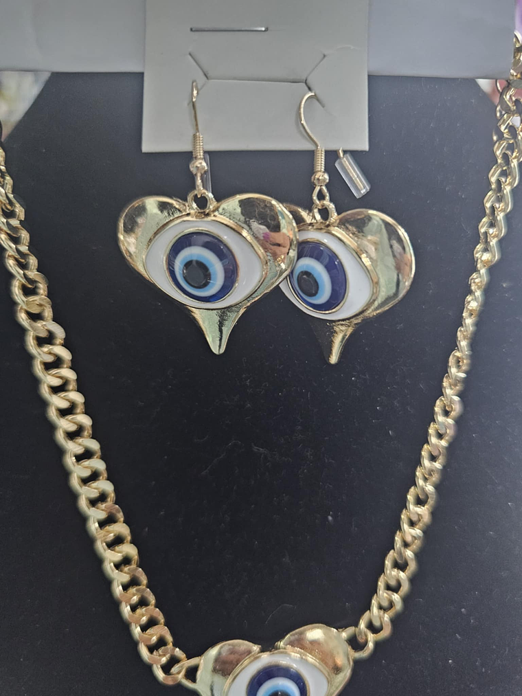 Conjunto Coração Olho Grego – Colar e Brincos Dourados 2