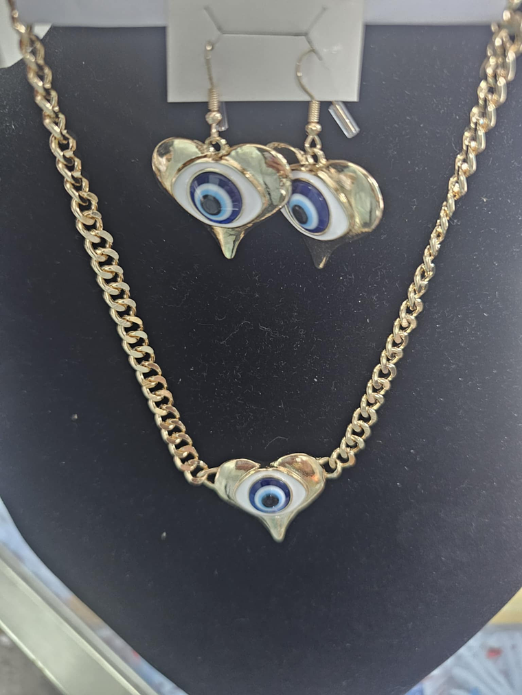 Conjunto Coração Olho Grego – Colar e Brincos Dourados 3
