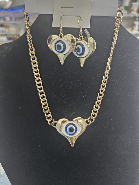 Conjunto Coração Olho Grego – Colar e Brincos Dourados