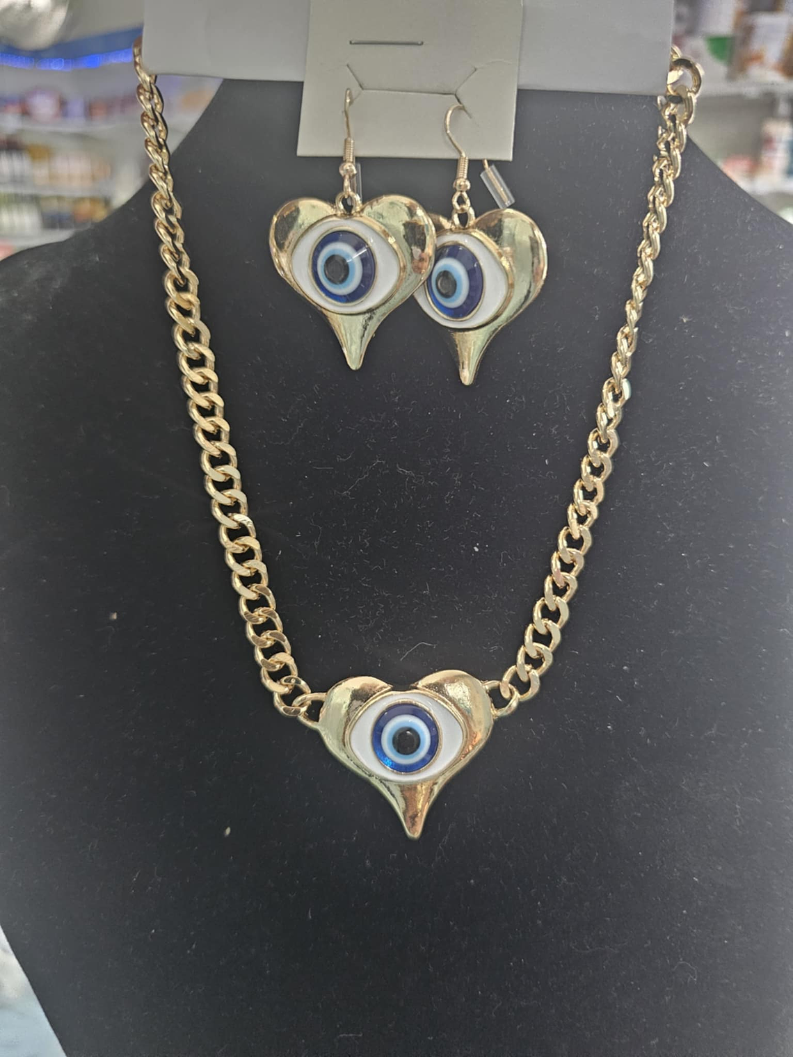 Conjunto Coração Olho Grego – Colar e Brincos Dourados 1