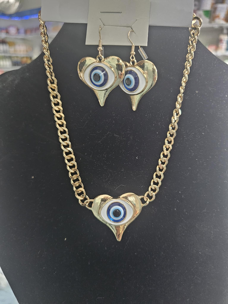 Conjunto Coração Olho Grego – Colar e Brincos Dourados 1