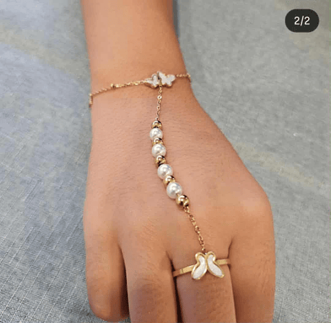Pulseira com anel borboleta e perolas