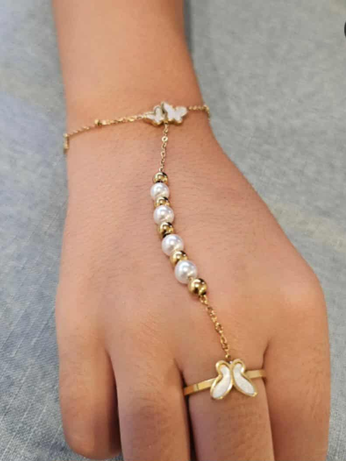 Pulseira com anel borboleta e perolas 1