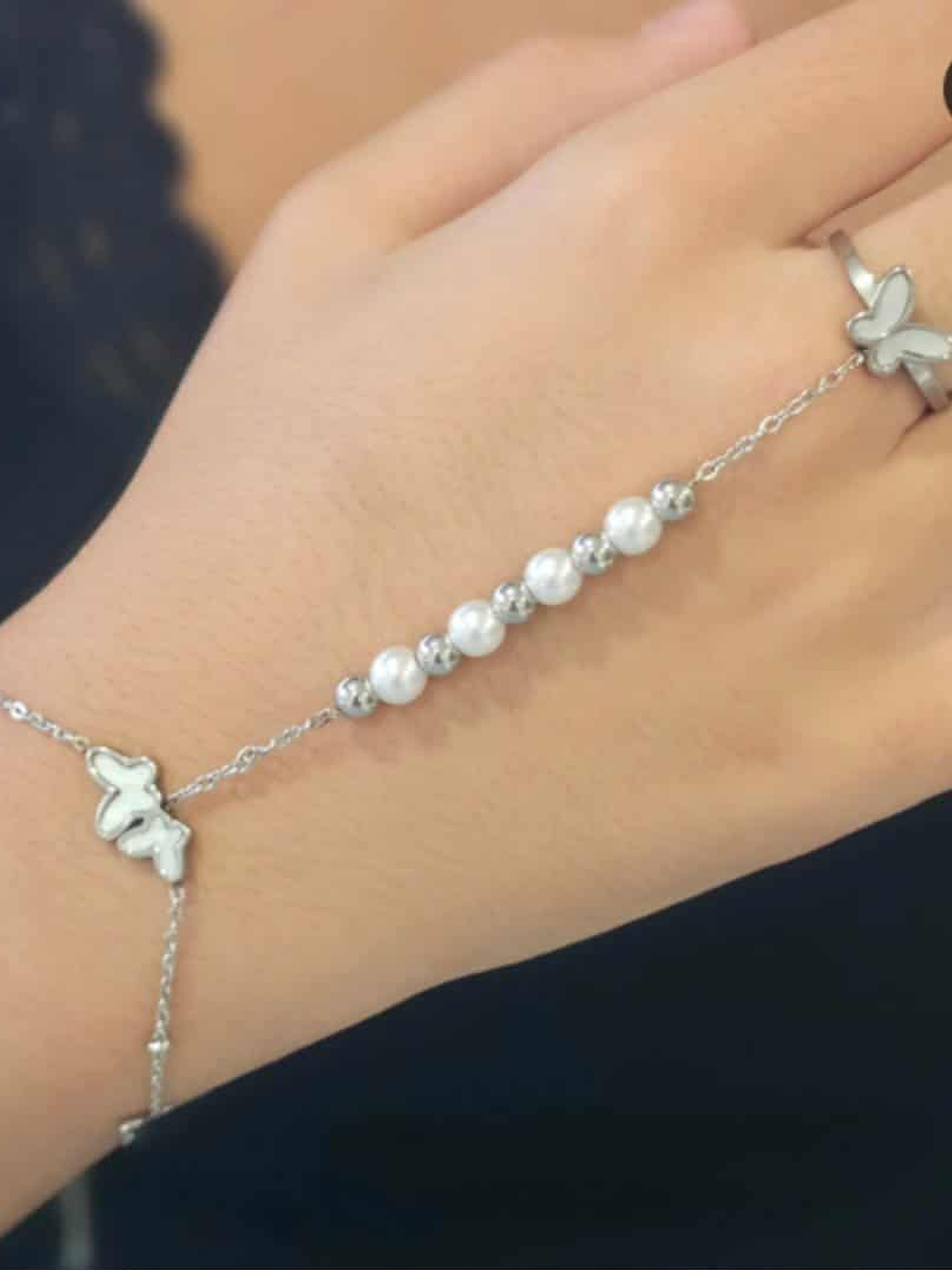 Pulseira com anel borboleta e perolas 2