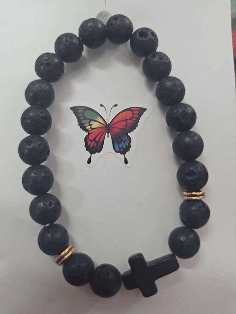 Pulseira Pedra Vulcânica com Cruz – Fé e Força