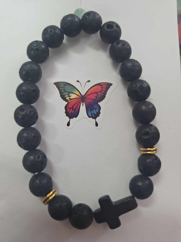 Pulseira Pedra Vulcânica com Cruz – Fé e Força 1