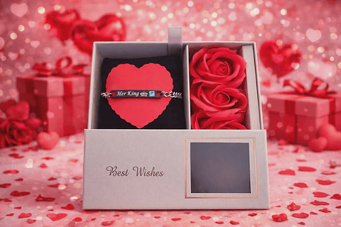 Conjunto Presente Romântico – Pulseira “Her King” com Rosas Decorativas