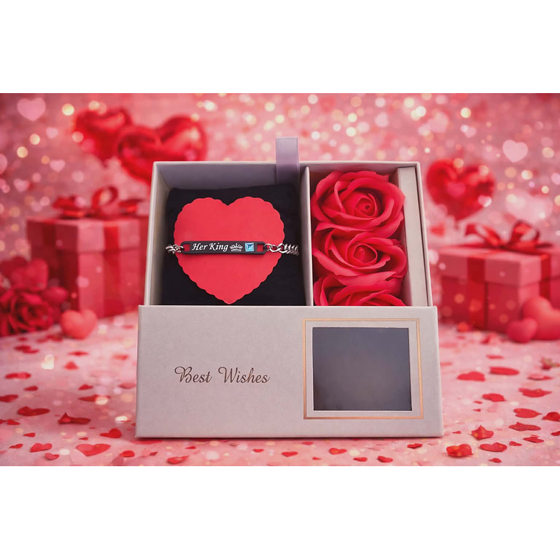 Conjunto Presente Romântico – Pulseira “Her King” com Rosas Decorativas