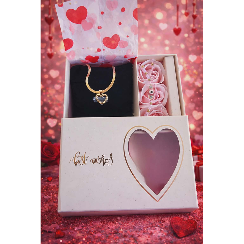 Conjunto Presente Romântico – Colar Coração + pulseira e caixa  com Rosas Decorativas