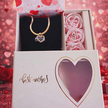 Conjunto Presente Romântico – Colar Coração + pulseira e caixa  com Rosas Decorativas