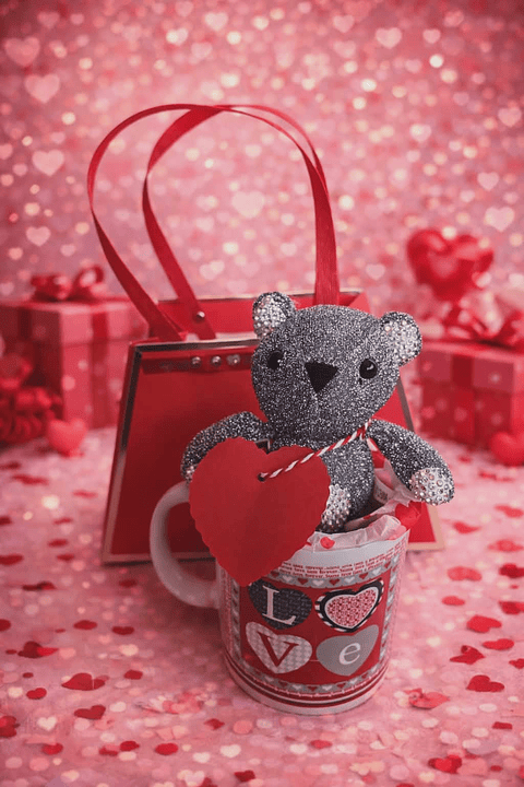 Kit Presente Romântico – Ursinho porta chaves na Caneca com Sacola