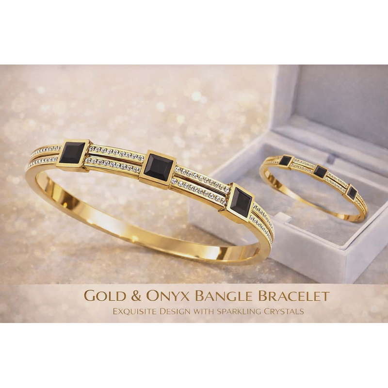 Pulseira Dourada com Ônix e Cristais – Modelo Bangle