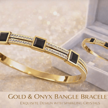 Pulseira Dourada com Ônix e Cristais – Modelo Bangle