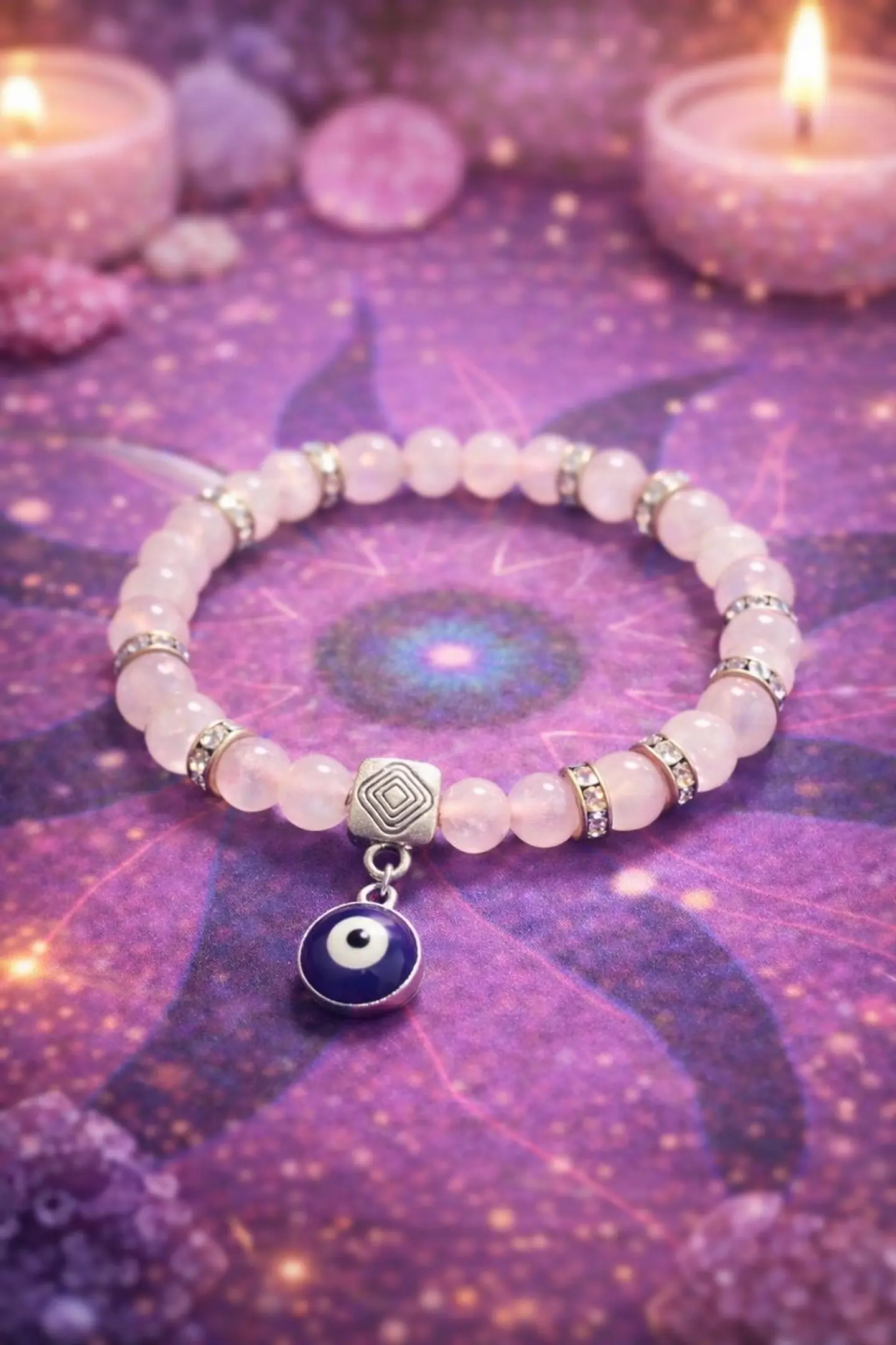 Pulseira em quartzo rosa natural pendente de olho grego. 2