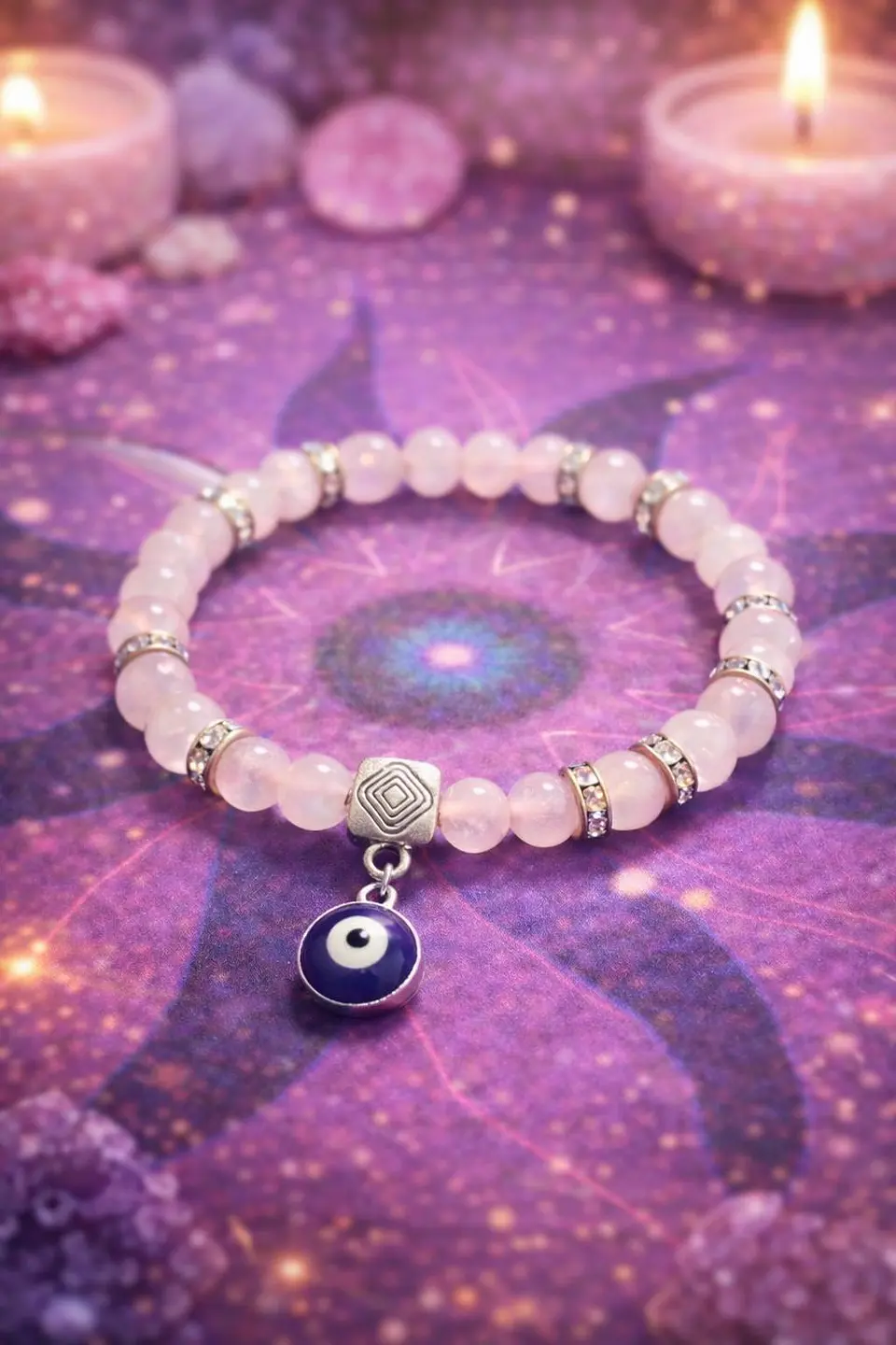 Pulseira em quartzo rosa natural pendente de olho grego. 2