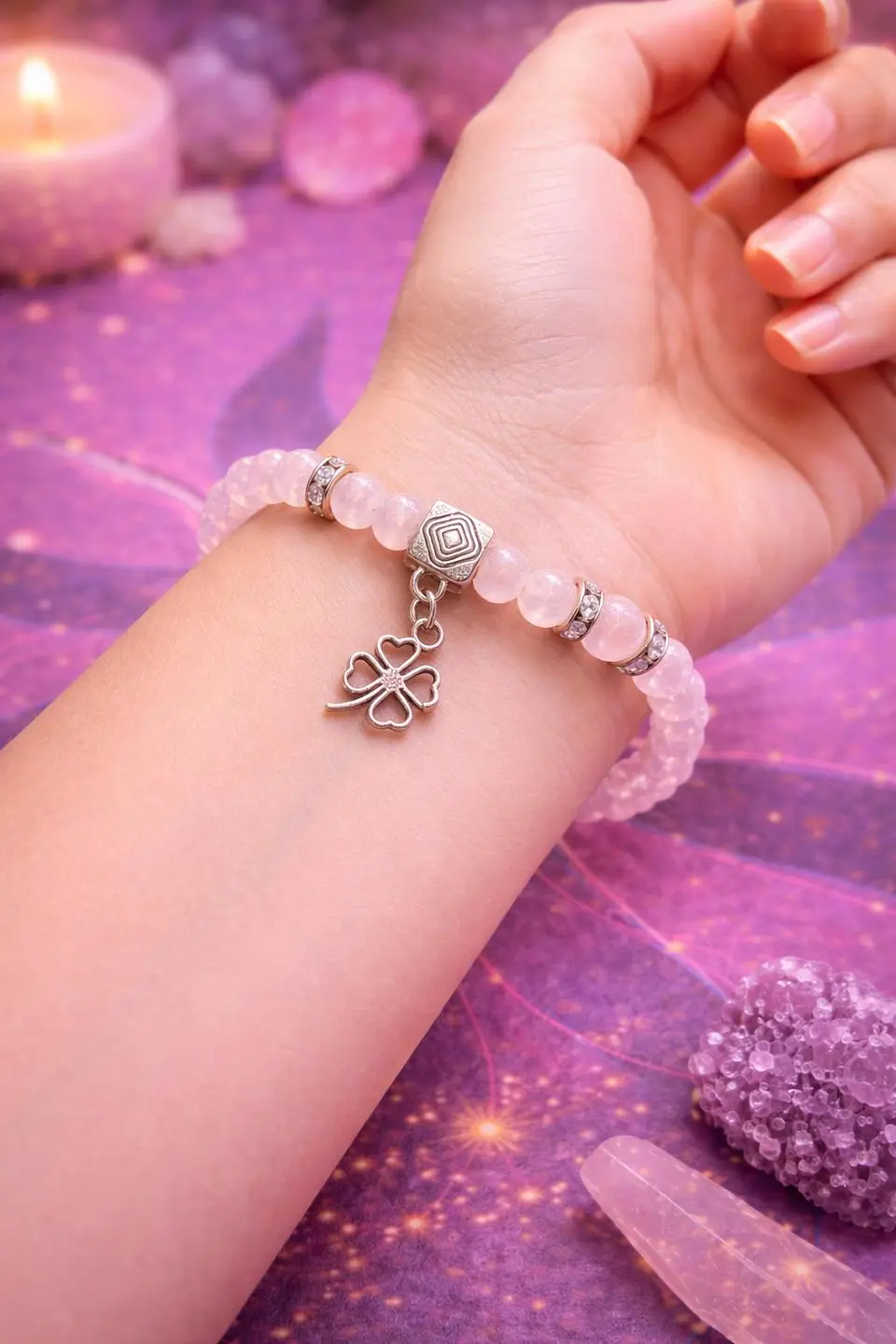 Pulseira em quartzo rosa natural pendente em forma de trevo. 1