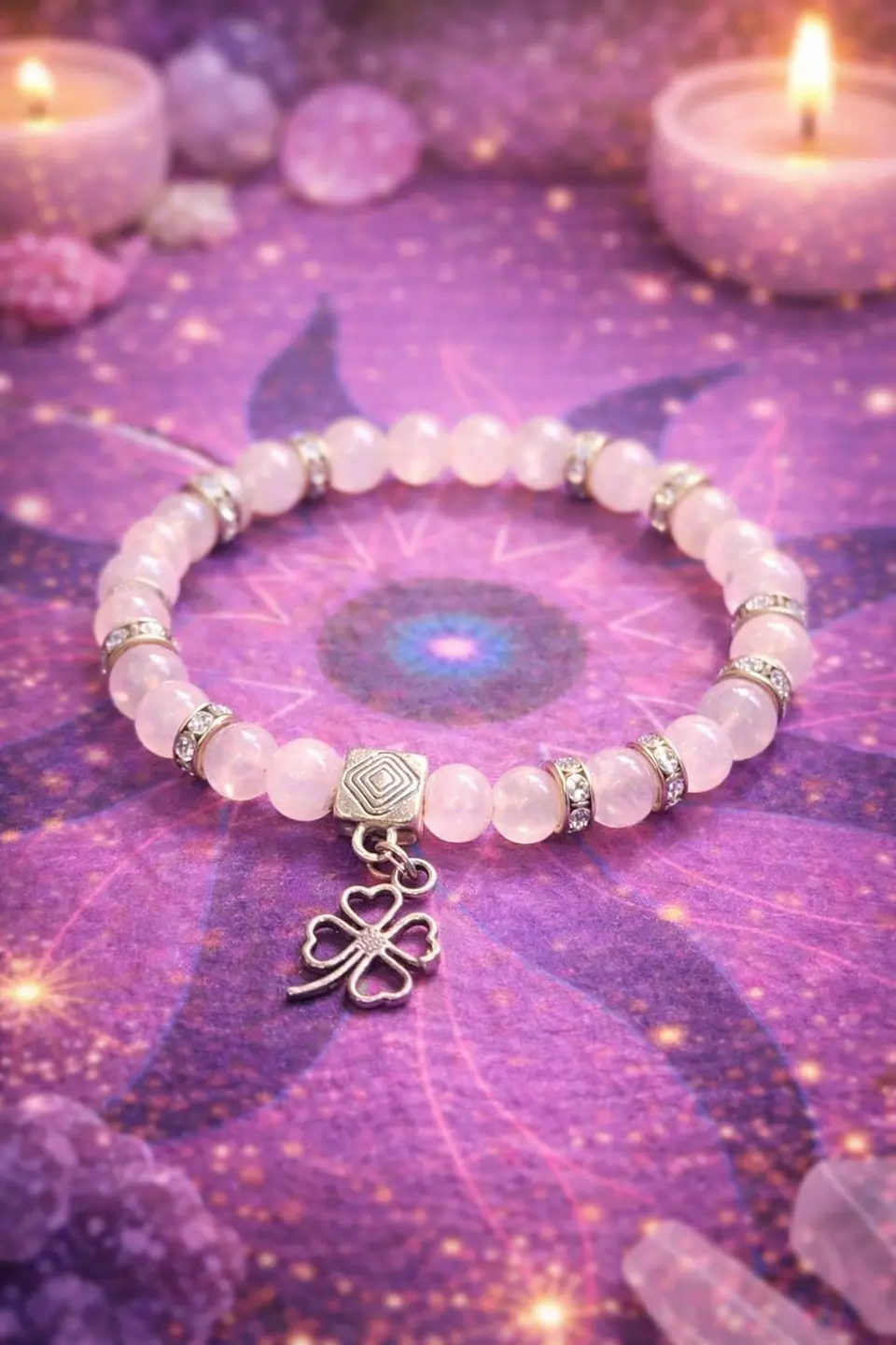 Pulseira em quartzo rosa natural pendente em forma de trevo. 2