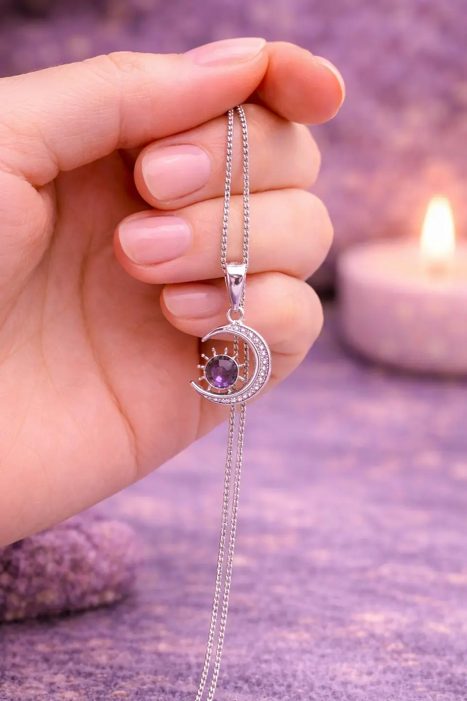 🌙☀️ Colar Sol e Lua com Pedra Lilás – Harmonia e Proteção ☀️🌙 2
