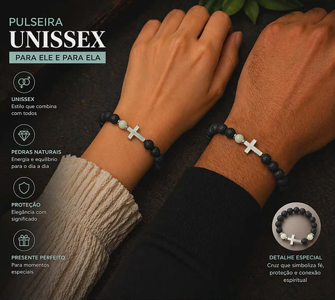 Pulseira Pedra Vulcânica com Cruz – Fé e Força