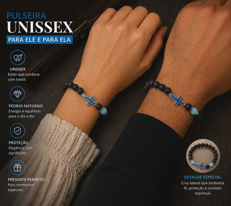 Pulseira Pedra Vulcânica com Cruz – Fé e Força 2